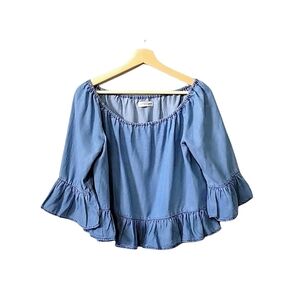 Zara Off The Shoulder Blue Denim Chambray Peplum 3/4 Sleeve Top Size M